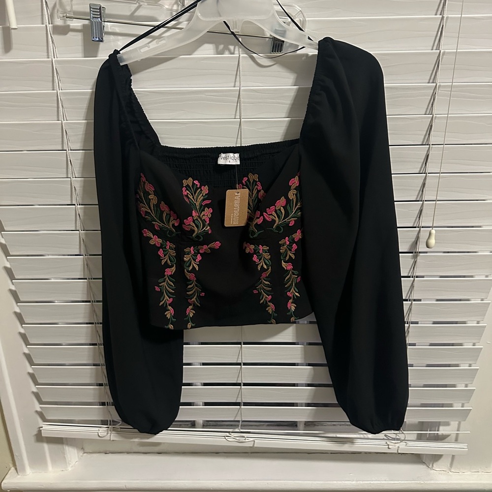 Vestique Black Top with Pink Floral Embroidery